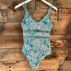 Kona Sol teal and white floral one piece swimsuit with banded middle - S